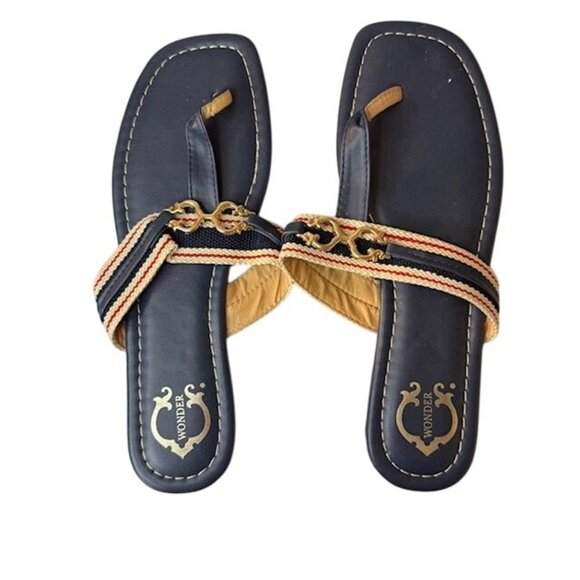 C. Wonder Womens Navy Leather Sandals W/ Gold Accent & Striped Fabric Detail Siz - Picture 1 of 8